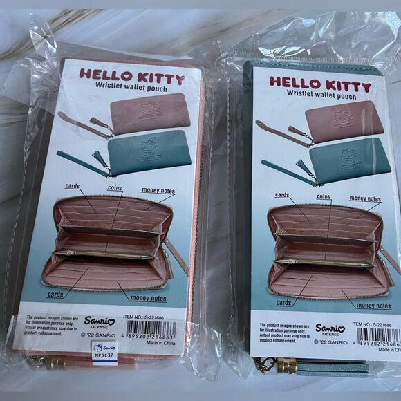 2 Sets Hello Kitty Graphic Logo Women's Wristlet Purse Wallet Blue & Blush Pink - Picture 2 of 8